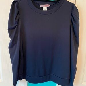 Paper Doll navy blue long sleeve with pleated puff shoulders (not padded)